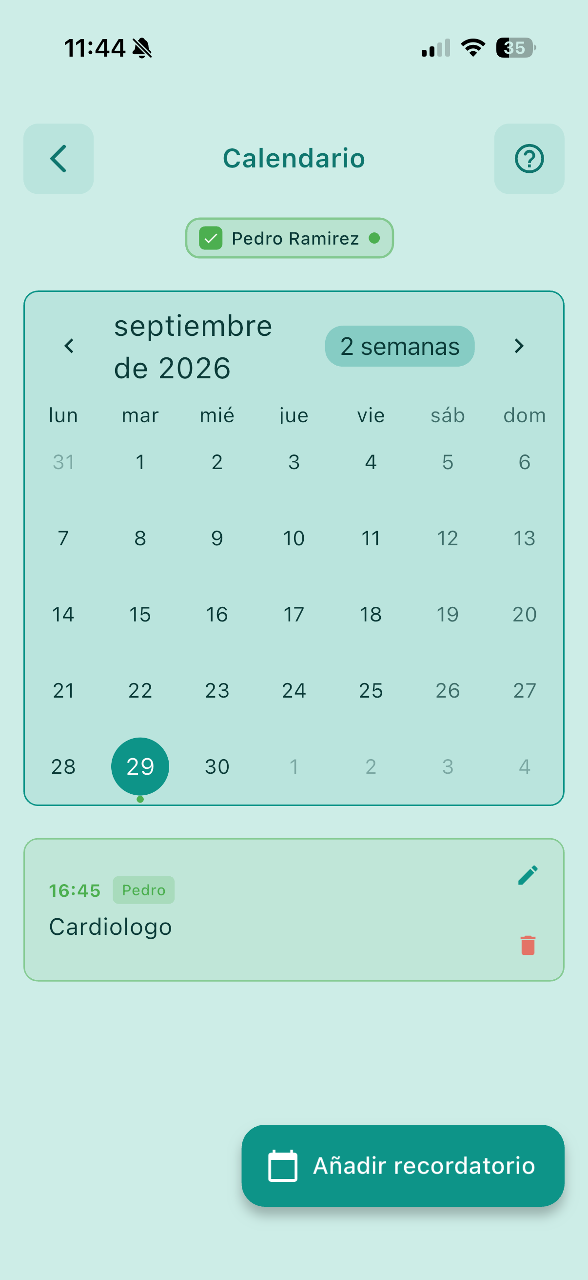 Pantalla Calendario de Enebrat con el mes y una cita con el cardiólogo