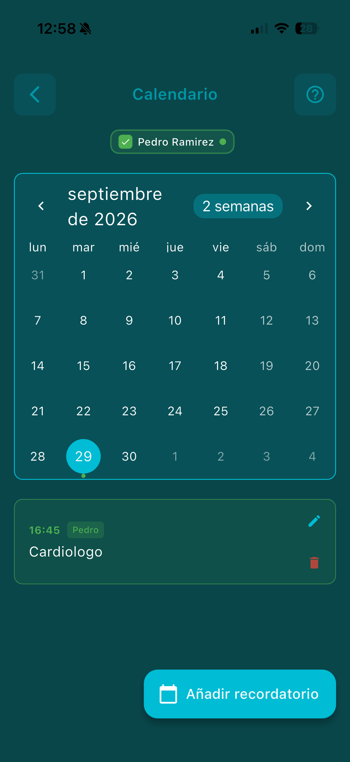 Pantalla Calendario de Enebrat con el mes y una cita con el cardiólogo