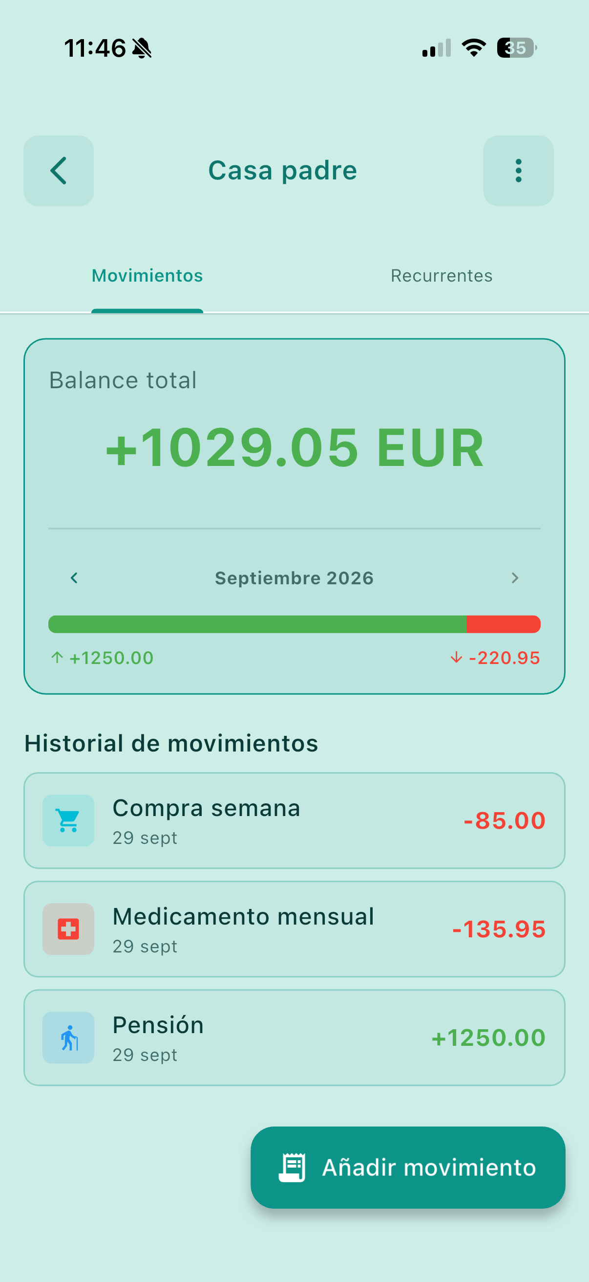 Pantalla Contabilidad de Enebrat con el balance y los últimos movimientos