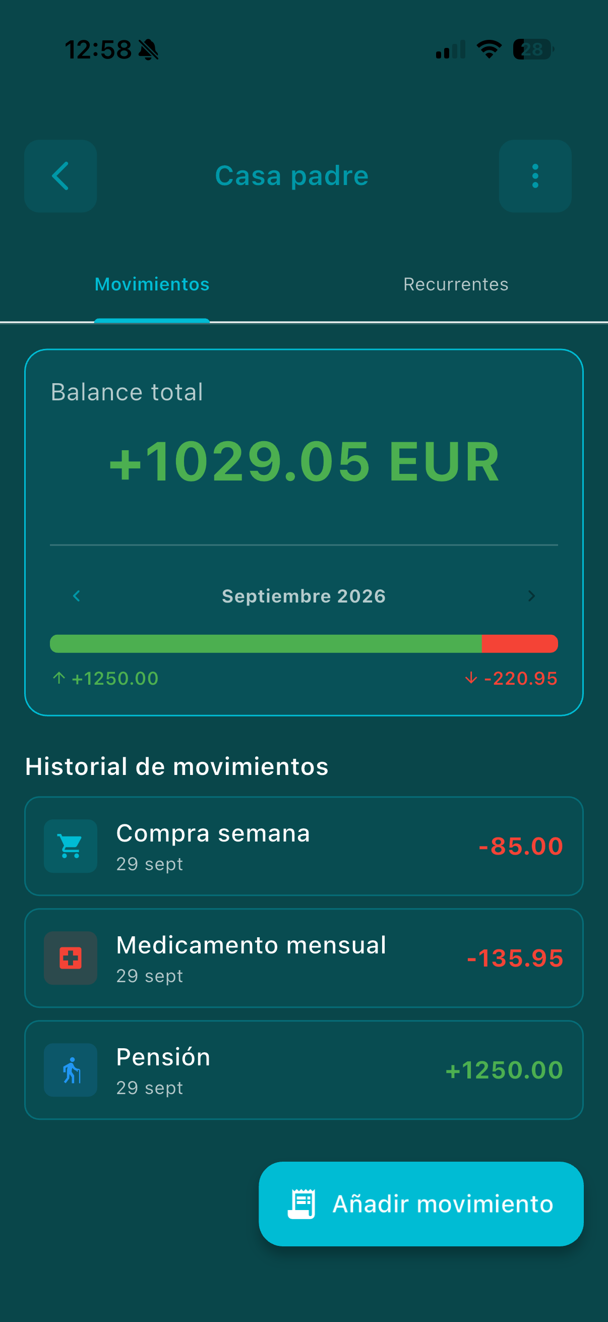 Pantalla Contabilidad de Enebrat con el balance y los últimos movimientos