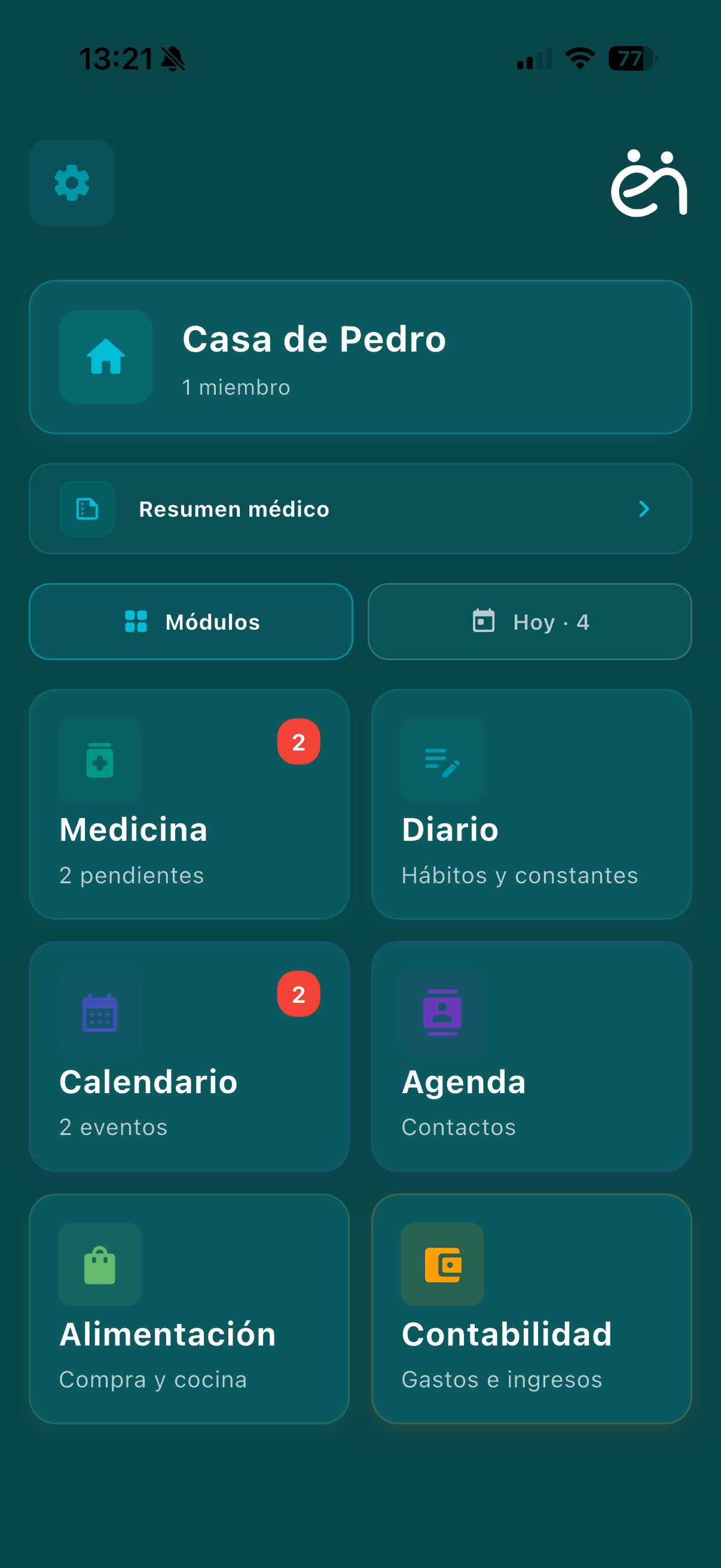 Pantalla de inicio de Enebrat con los módulos del hogar
