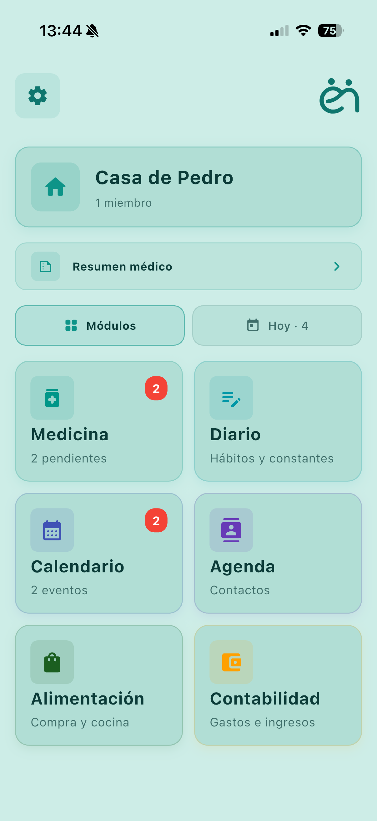 Pantalla de inicio de Enebrat con los módulos del hogar