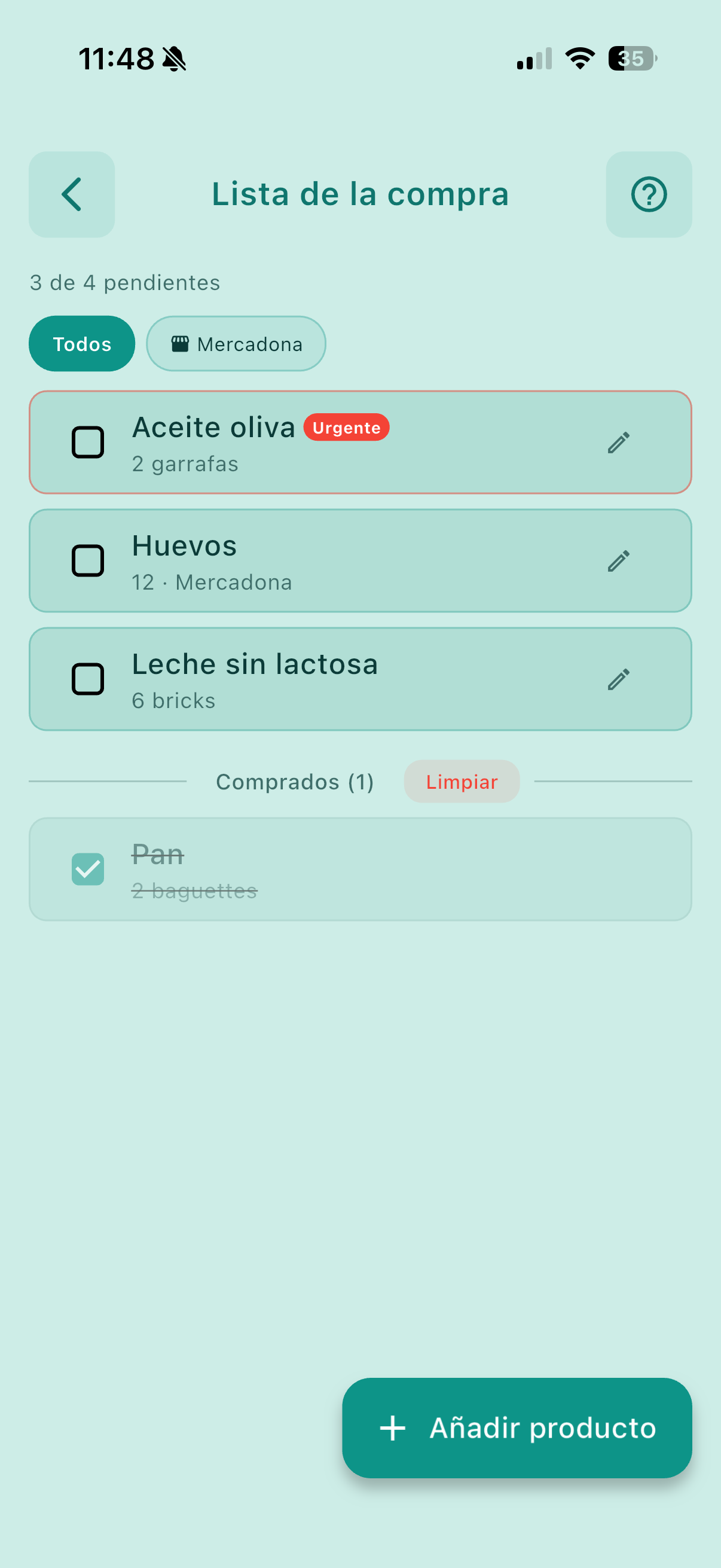 Lista de la compra de Enebrat con los productos pendientes y comprados