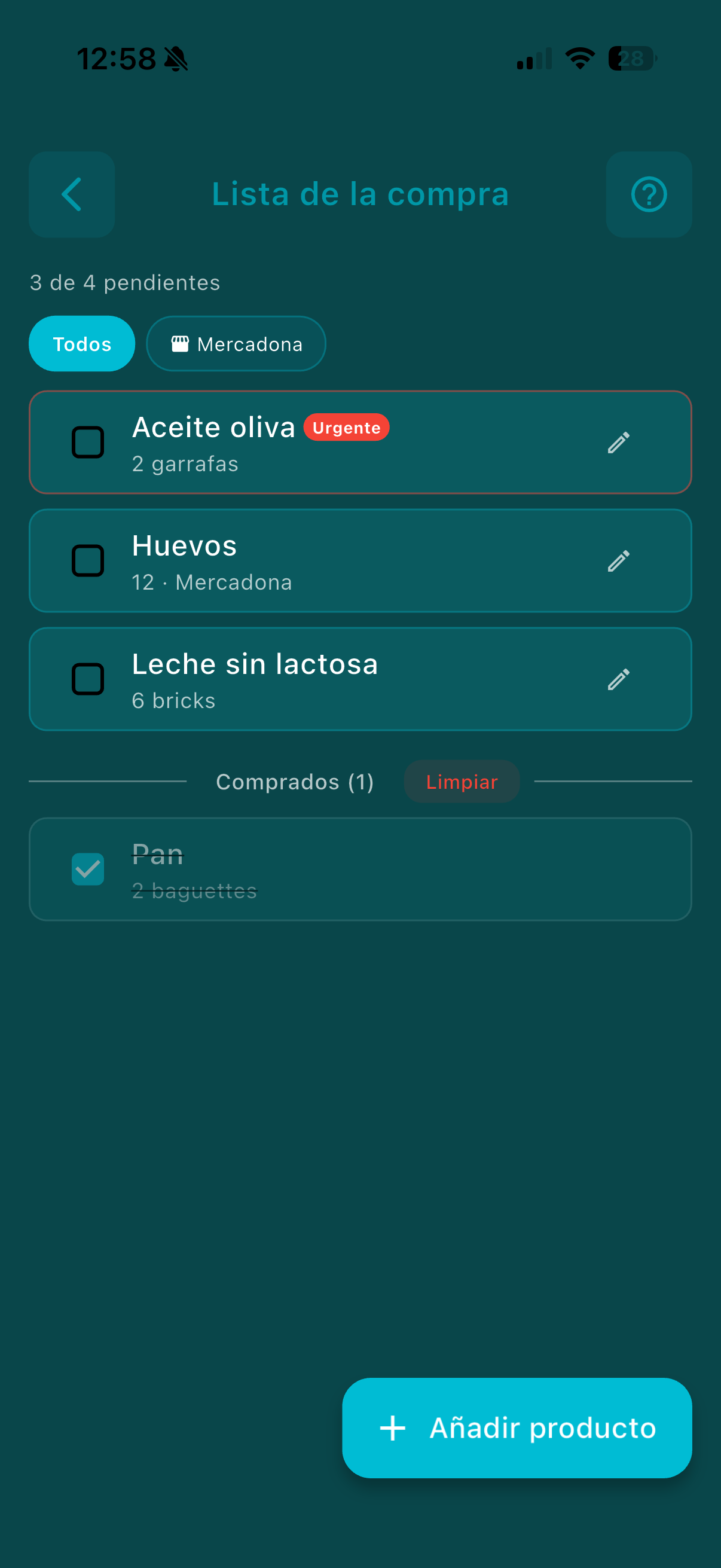 Lista de la compra de Enebrat con los productos pendientes y comprados