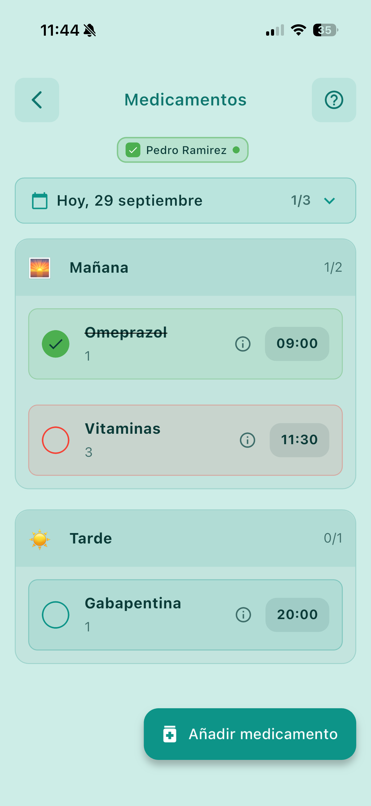 Pantalla Medicina de Enebrat con las tomas del día