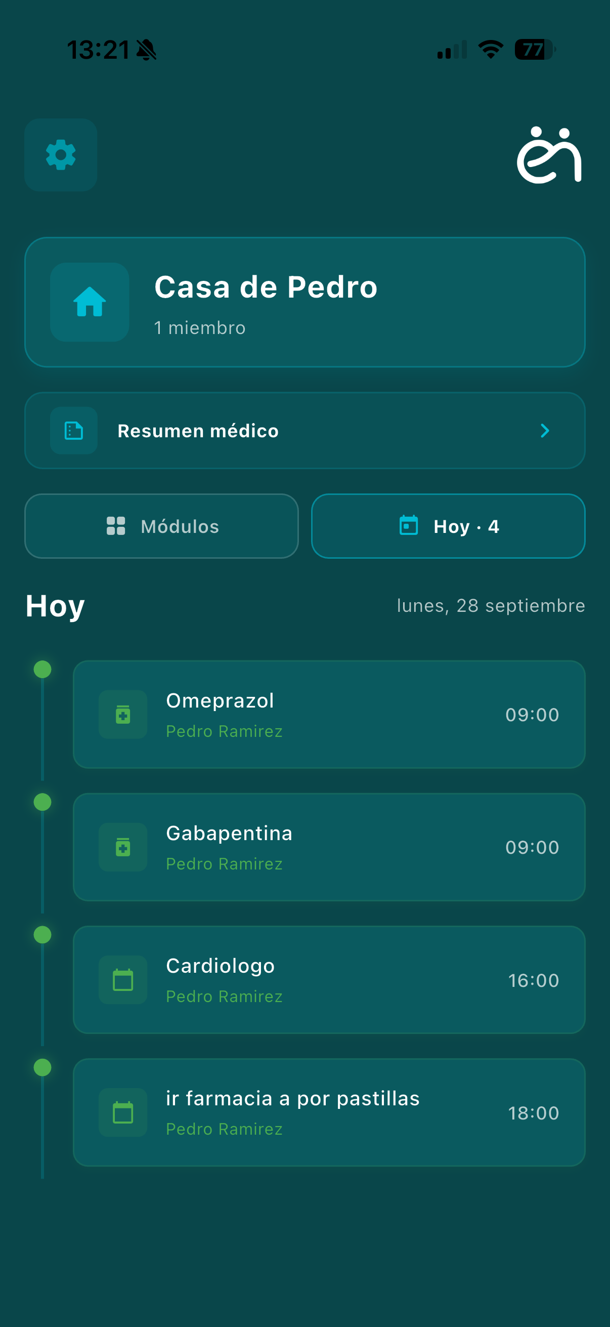 Pantalla «Hoy» de Enebrat con las tomas y las citas del día