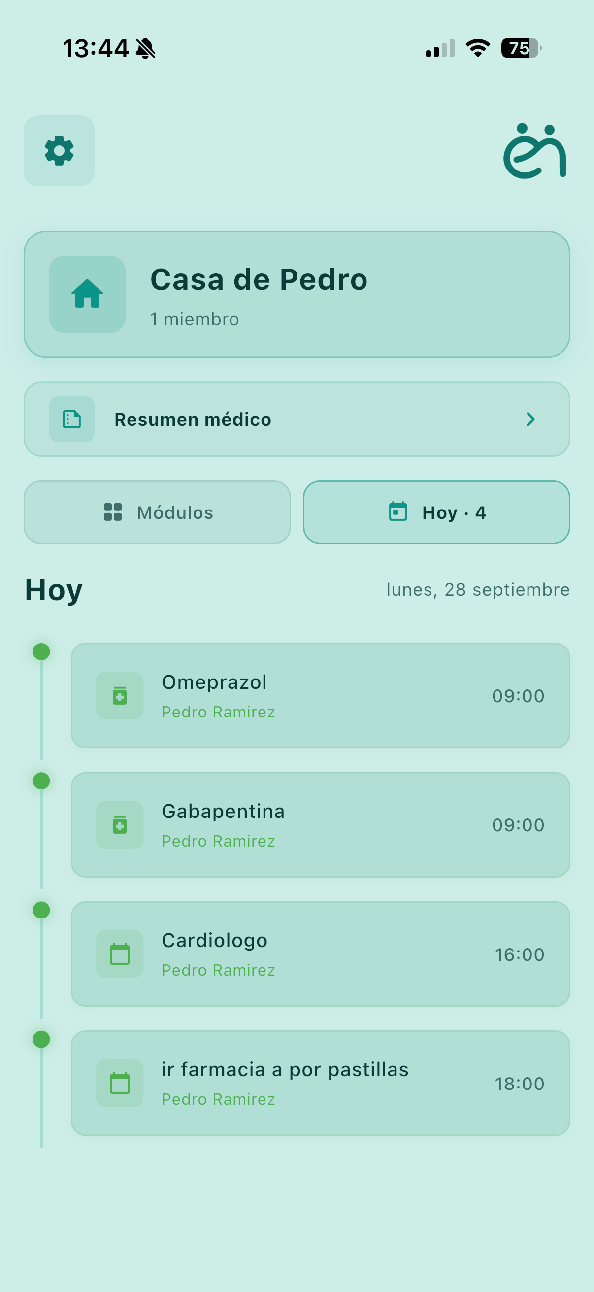 Pantalla «Hoy» de Enebrat con las tomas y las citas del día